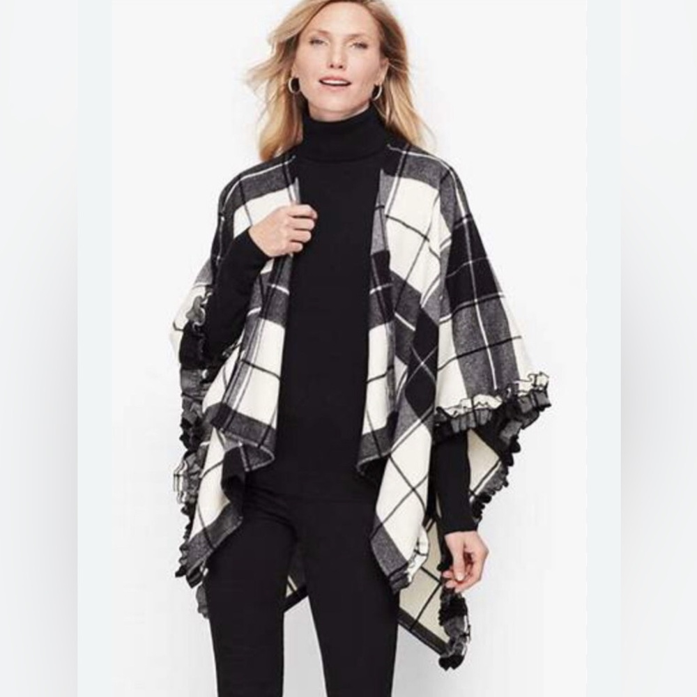 Talbots Black White Plaid Ruana Shawl Wrap M /L NWT